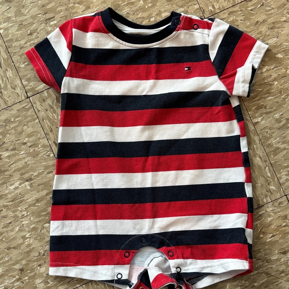 Tommy Hilfiger Red White Navy Striped Infant Romper